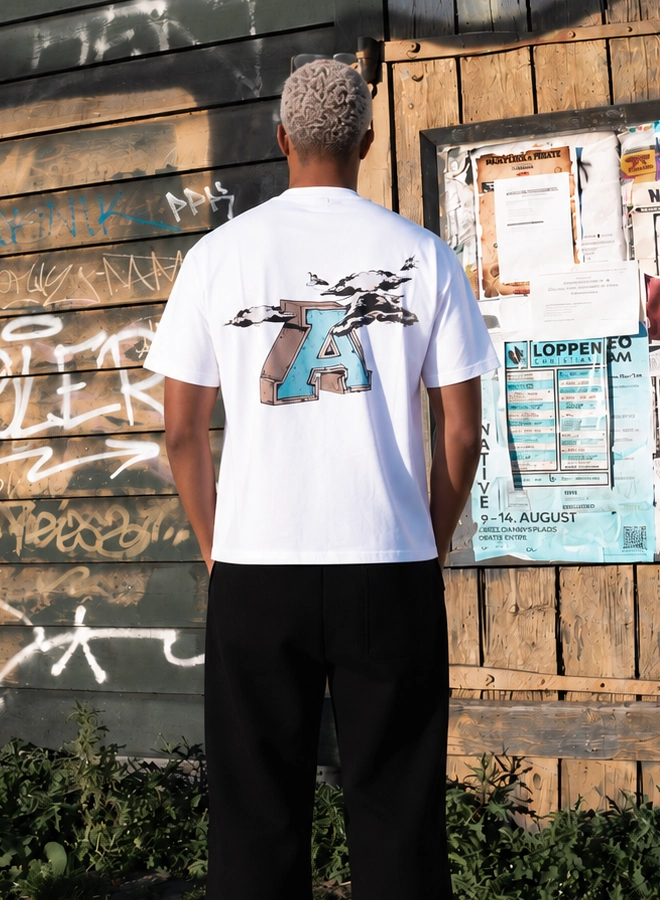 The same tee from behind, the winged A print across the back